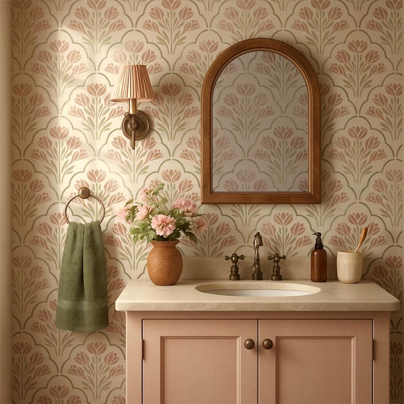 Plantilla de pared con diseño floral festoneado – Patrón de azafrán estilo cottagecore, proyecto de papel tapiz DIY reutilizable