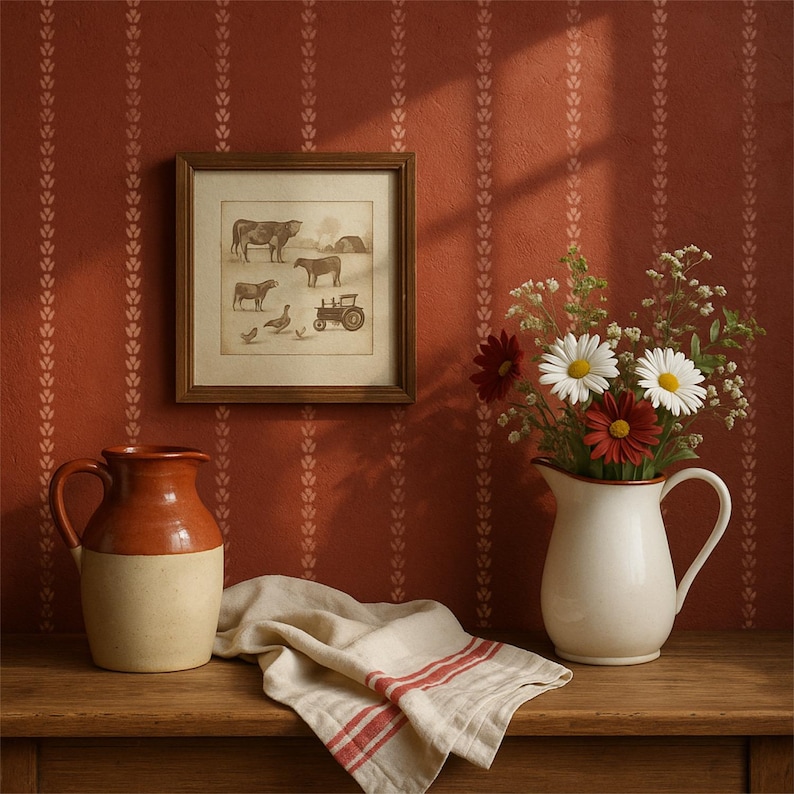 May include: A rustic still life featuring a framed farm animal print, a two-toned ceramic pitcher, and a white pitcher with daisies and red flowers. A folded linen towel with red stripes rests on a wooden surface against a red wall.