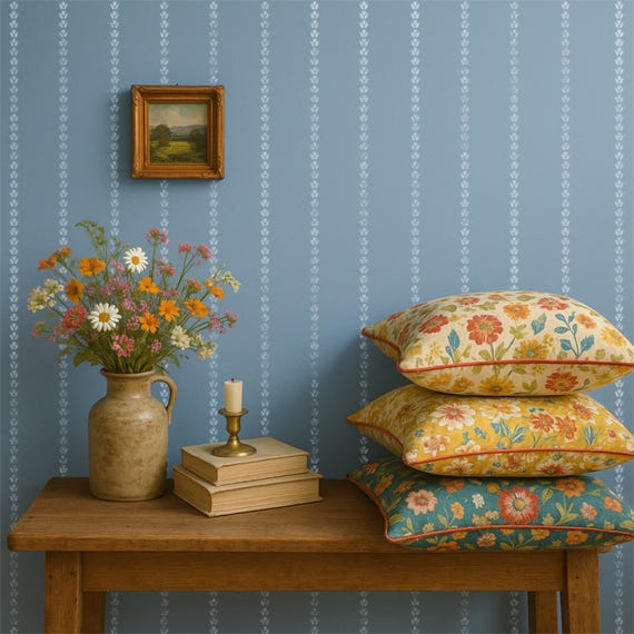 Cottage Stripe Stencil - Large Floral Stencil for Wall Painting - DIY Wallpaper Project