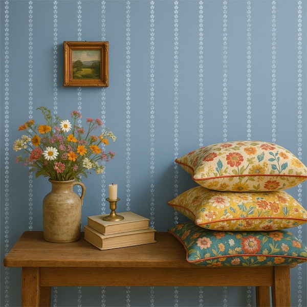 Cottage Stripe Stencil - Large Floral Stencil for Wall Painting - DIY Wallpaper Project