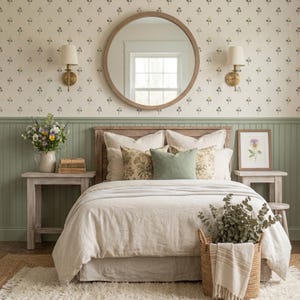 Puede incluir: Un dormitorio con una estructura de cama de madera, un edred&oacute;n de lino beige, dos almohadas beige, dos cojines estampados y un coj&iacute;n verde salvia liso. La habitaci&oacute;n incluye dos mesitas de noche de madera, un espejo redondo y papel tapiz floral.
