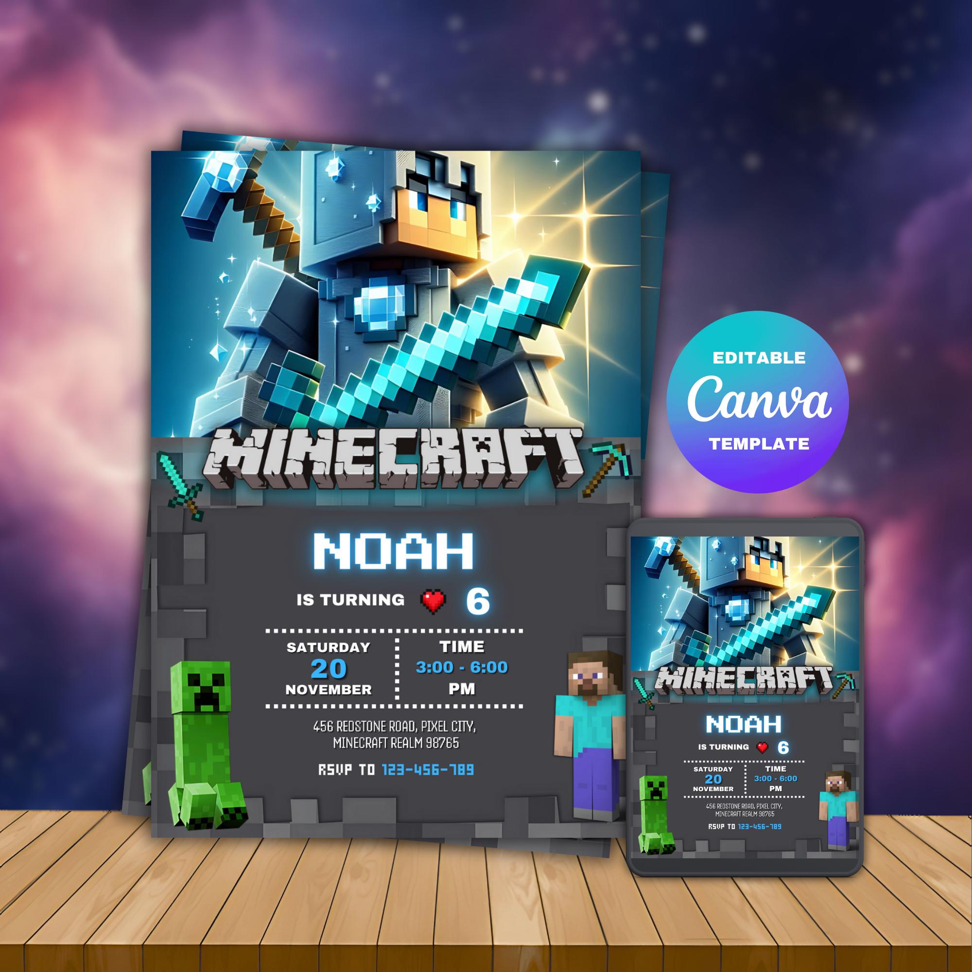 Pixelated Minecraft Party Invite – Editable Canva Template