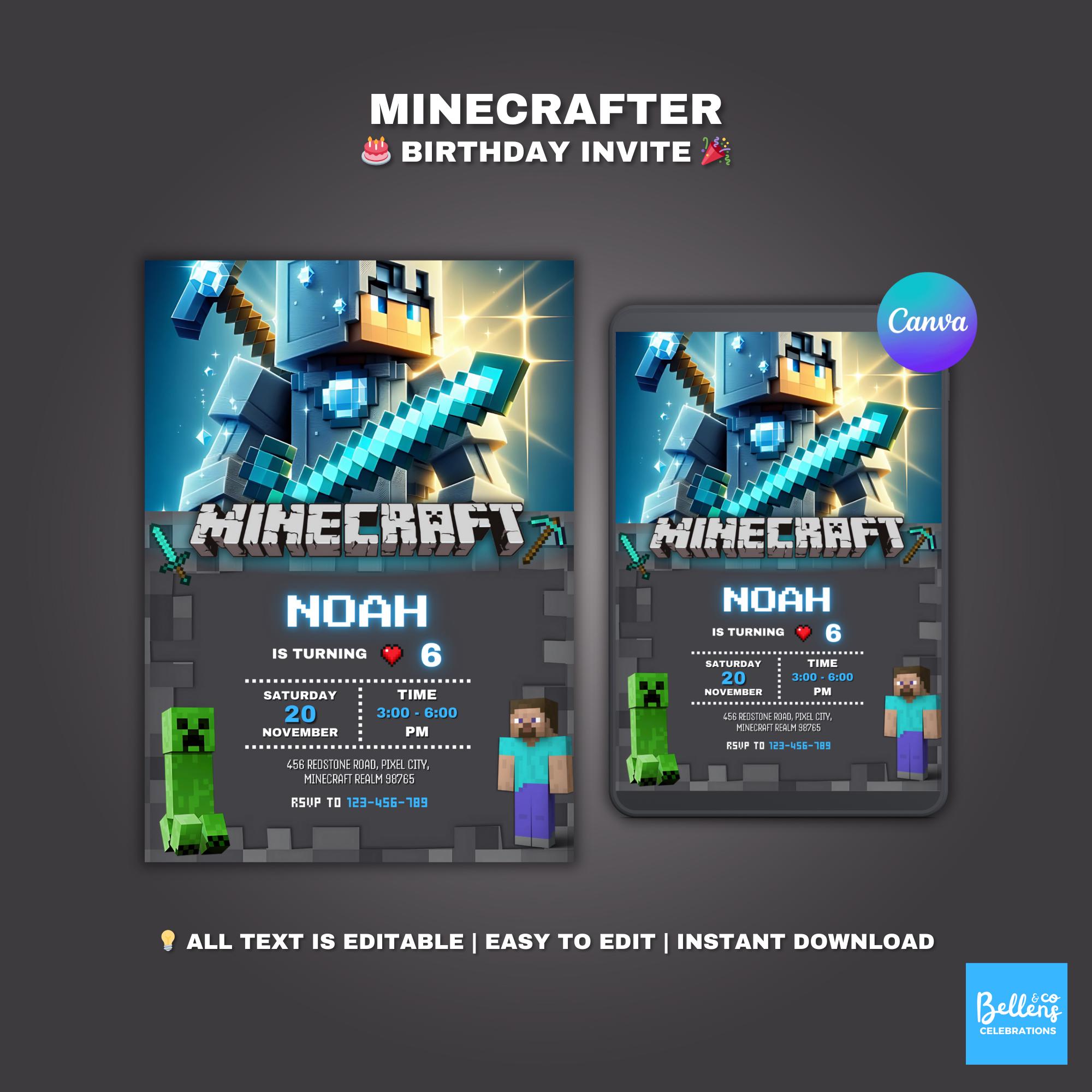 Pixelated Minecraft Party Invite – Editable Canva Template