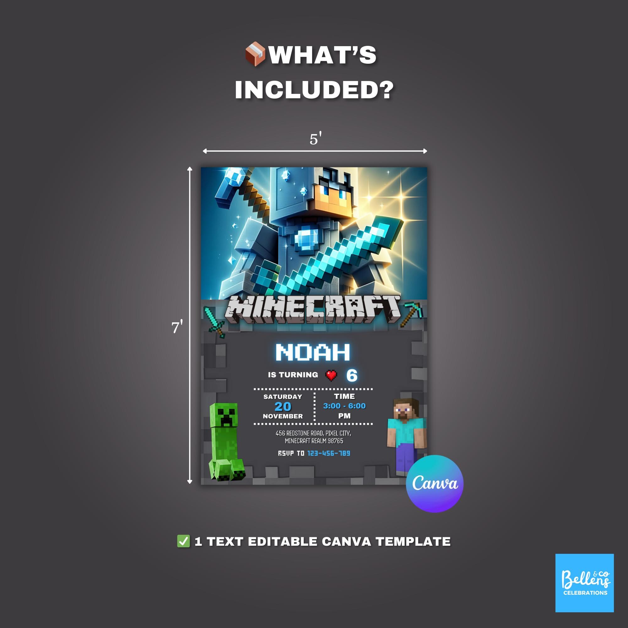 Pixelated Minecraft Party Invite – Editable Canva Template