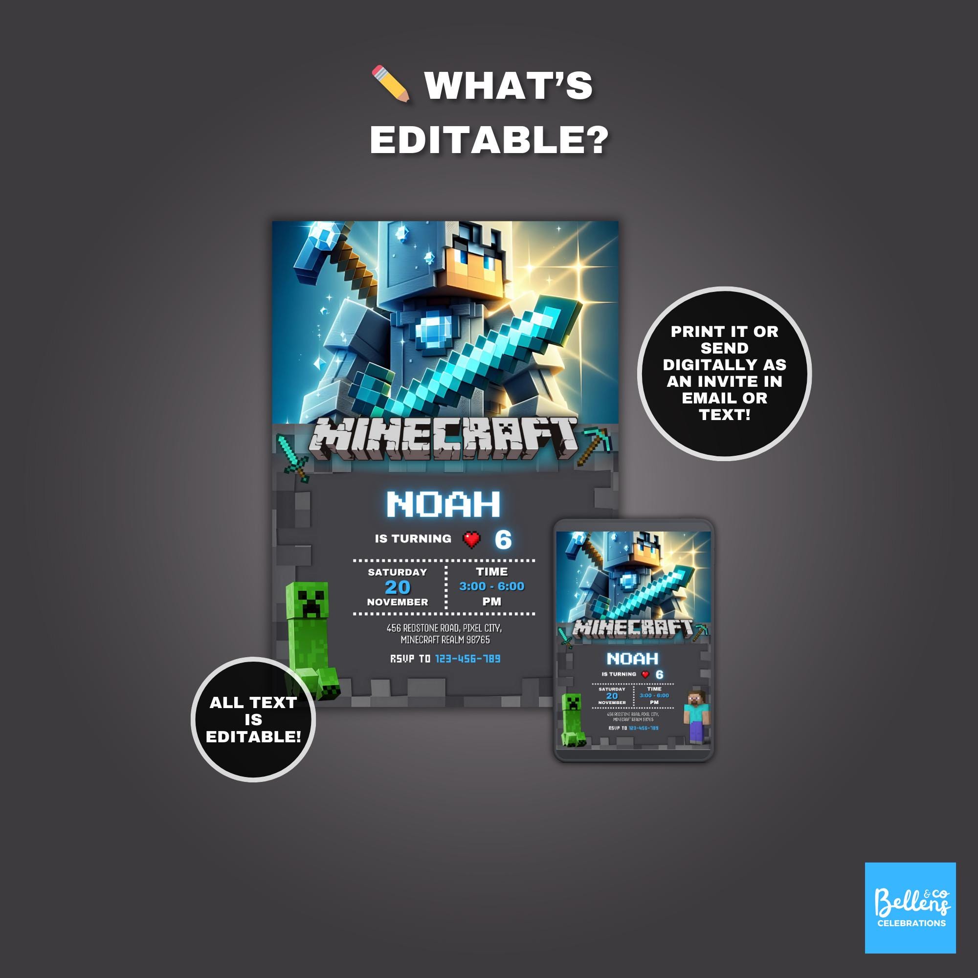 Pixelated Minecraft Party Invite – Editable Canva Template