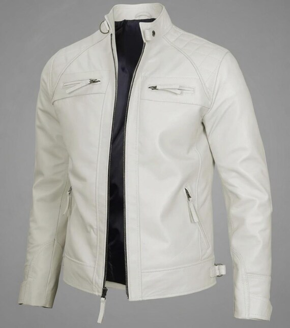Classic Men's off White Real Leather Cafe Racer Jacket