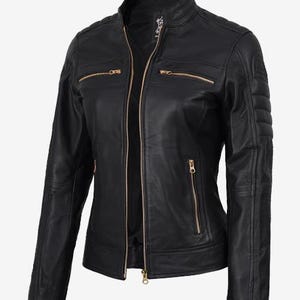 Women's Black Biker Style Leather Golden Hardware Jacket