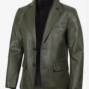 Men&#39;s Olive Green Leather Blazer | Handmade Genuine Lambskin Casual Style Jacket Coat