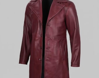 Men's Burgundy 3 4 Length Real Lambskin Leather Car Coat