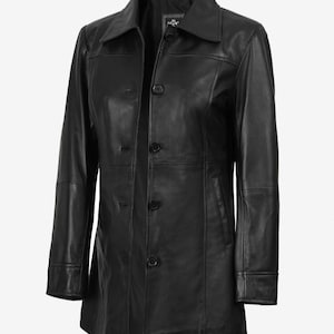 Women's Black Leather Car Coat | Handmade Real Lambskin Kandis Long Coat