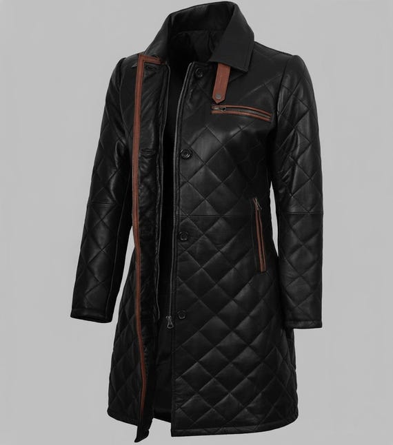 Women's Black Quilted Leather Car Coat Handmade Real Lambskin