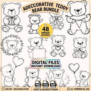 Puede incluir: Una colección digital de 48 ilustraciones únicas en blanco y negro con osos de peluche en varias poses, incluyendo sosteniendo regalos, globos y corazones. El texto dice ADECCORATIVE TEDDY BEAR BUNDLE, 48 UNIQUE DESIGNS y DIGITAL FILES INSTANT DOWNLOAD.