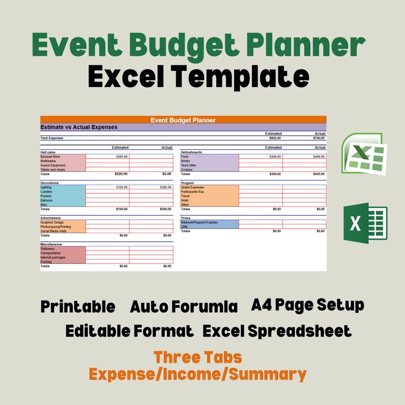 Event Budget Planner Spreadsheet Template, Event Planner, Event Income ...