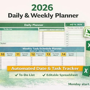 Pianificatore di pianificazione giornaliera o settimanale, monitoraggio delle attività di Excel, elenco delle cose da fare, foglio di calcolo della pianificazione giornaliera, pianificatore settimanale semplice, elenco di controllo giornaliero,
