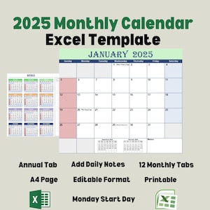 2025 Excel Calendar, Monthly Calendar 2025, Google Sheets, Excel Smart Calendar, Year 2025 Calendar, Daily Notes, Personal or Business use.