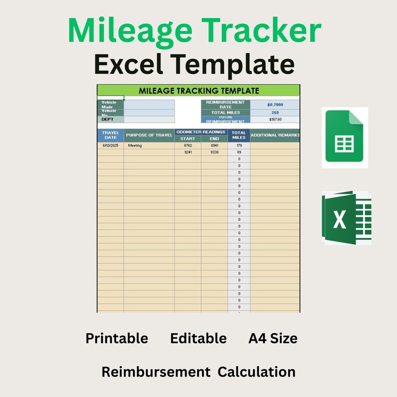 Mileage Tracker, Mileage Log Excel Template, Vehicle Mileage Log ...