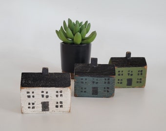 vintage wood block house mini primitive folk art miniature wooden houses