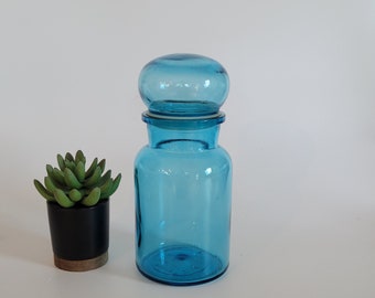 vintage apothecary jar Belgium bubble top glass bottle teal MCM kitchen decor