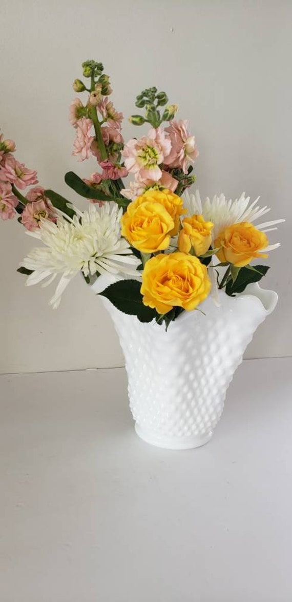 Vintage Large Milk Glass Vase White Hobnail Flower Vessel Etsy