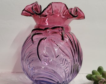 HTF Fenton Art glass ribbon / caprice bow vase ruffled mulberry