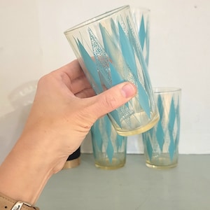 Vintage drinking glasses hazel atlas teal diamond MCM vintage glassware tumblers set of 4