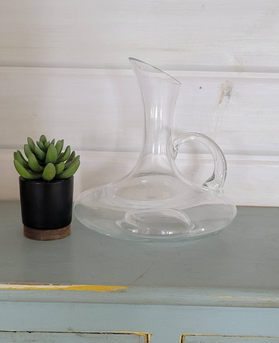 Sticla Wine Decanter / Glass Wine Carafe / Slanted Rim With Handle Romania / 9 Tall Etsy