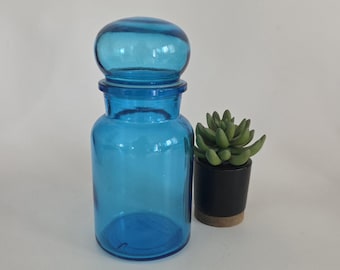 Vintage apothecary jar Belgium bubble top glass bottle blue MCM kitchen decor teal blue