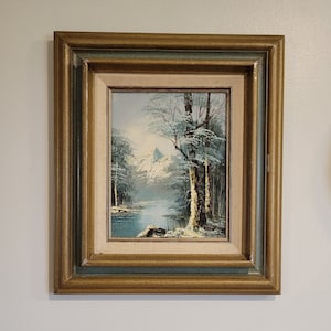 Original framed oil painting on canvas winter landscape painting vintage frame signed winter lanscape wall decor
