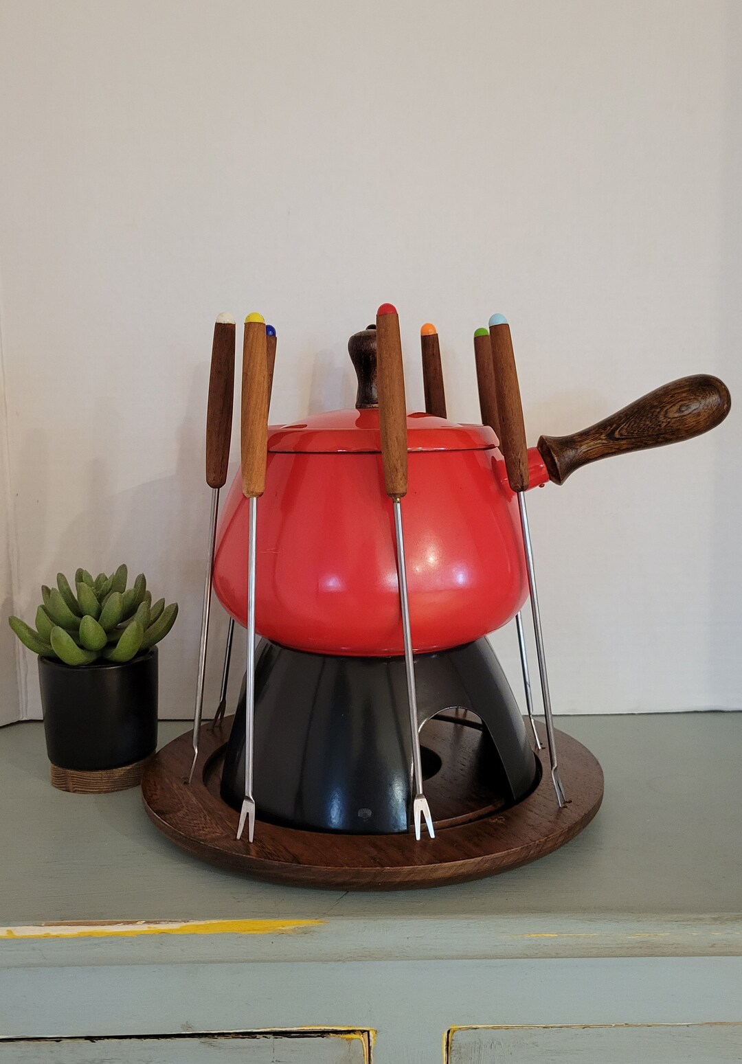 Fondue Pot Set Vintage Red Enamel Fondue Pot With Forks Retro Etsy
