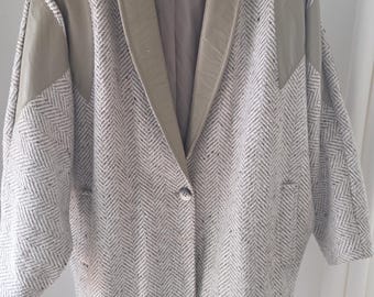 Vintage Slouchy Cocoon Jacket, Herringbone Tweed, Western Leather Yoke, Oversized Shawl Collar, Avant Garde, large