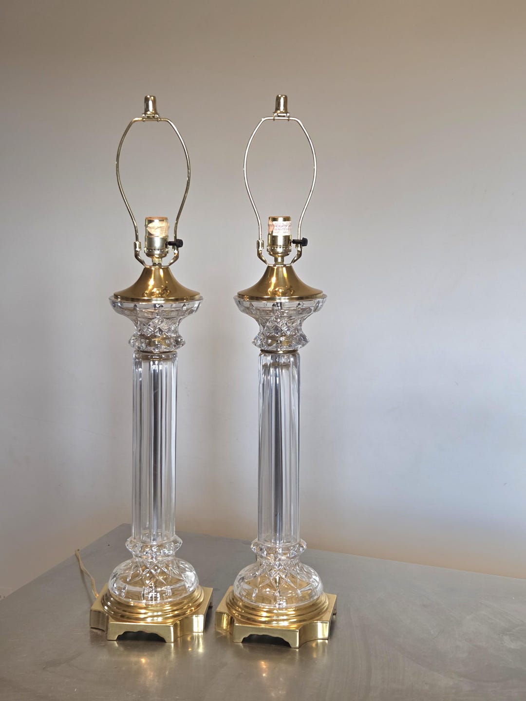 Vintage Crystal Column Table Lamps: Hollywood Regency Brass Pair - Etsy