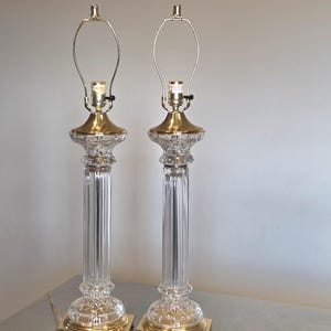 Vintage crystal and brass column table lamps Hollywood Regency style pair of crystal lamps