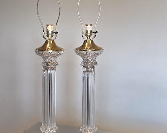 Vintage crystal and brass column table lamps Hollywood Regency style pair of crystal lamps