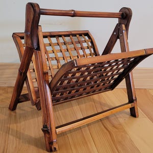 Vintage Mid-Century Modern Bamboo Magazine Rack Boho Cane Wicker Record Holder