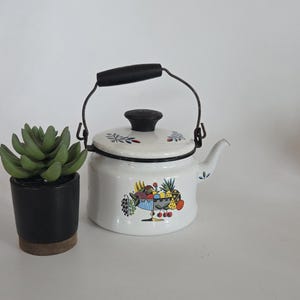 May include: White enamel teapot with a black handle and lid. The teapot features a colorful fruit basket design on the front. The spout and lid are accented with small floral patterns. The handle is made of metal and wood.