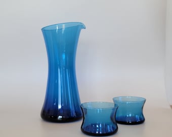 Mid Century Modern Pitcher & Tumbler Set Blue Glass  Vintage Scandinavian Style Art Glass Carafe with Matching Glasses MCM tableware