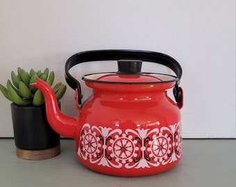 Finel arabia teapot red tulip enamelware kettle vintage