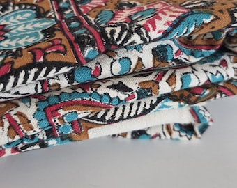 Vintage Block Print Cotton Fabric: Paisley Southwestern Indigo Earth Tones Sewing Yardage