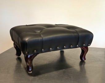 Vintage leather footstool tufted foot rest Chesterfield queen Anne style SMALL furniture