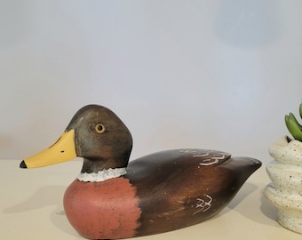 Vintage Hand-Painted Wood Duck Decoy: Rustic Folk Art Bird, 1987