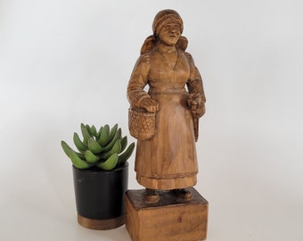 vintage wooden woman figurine  hand carved lady with basket shelf decor