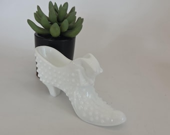 Vintage Fenton White Milk Glass Hobnail Cat Slipper shelf decor