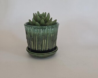 Vintage McCoy bamboo pottery  planter 0372 green small with saucer