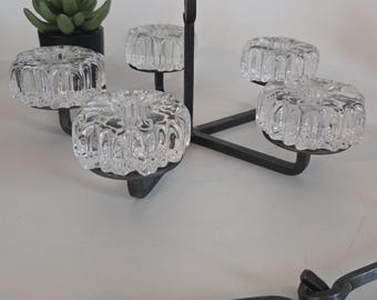 Hadeland  Glasverk Nautilus Willy Johansson crystal wrought iron candlabra brutalist Scandinavian MCM hanging candle holder