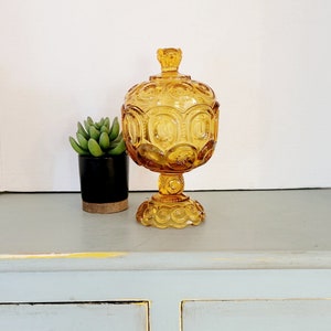 LE smith Glass moon and stars compote amber pedestal candy dish with lid vintage amber moon and stars
