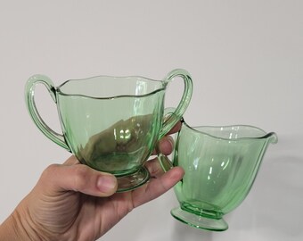 Vintage Fostoria Fairfax Green Uranium Glass Creamer & Sugar Bowl depression glass