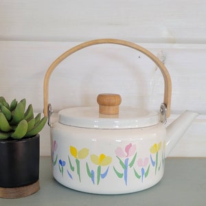 Vintage enamel teapot floral tulips enamelware teapots