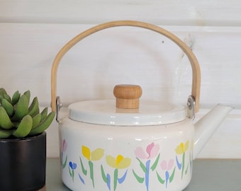 Vintage enamel tea kettle floral enamelware teapot retro flowers kitchen decor