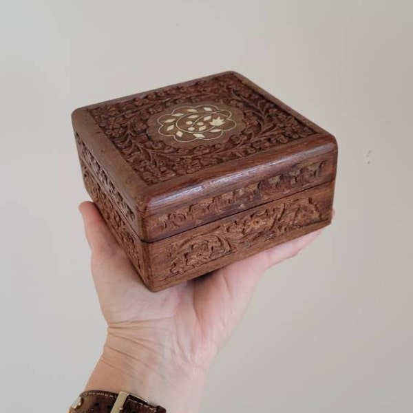 Vintage hand carved jewelry box made in India