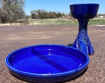 Cobalt Blue Wheat Chalice and Paten Communion Set, Wedding Ceremony, Ordination Gift, Handmade Pottery by Daisy Friesen